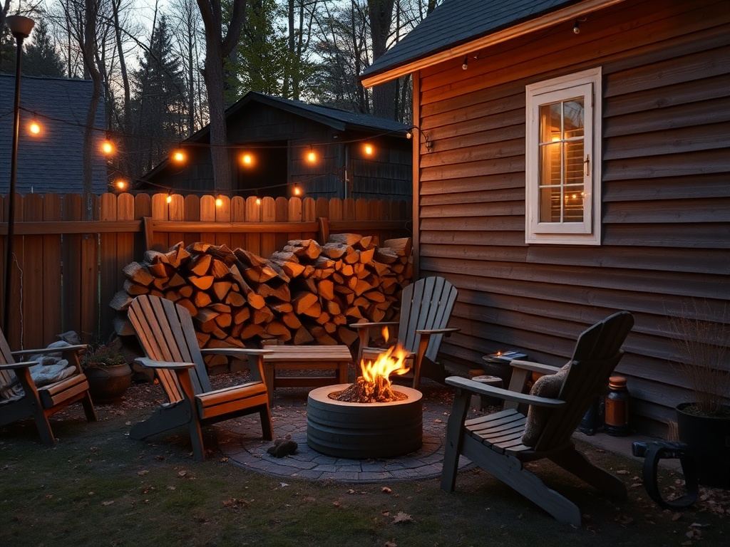 backyard in Quebec with woodpile, simple chairs, and evening light, quiet lived-in feeling