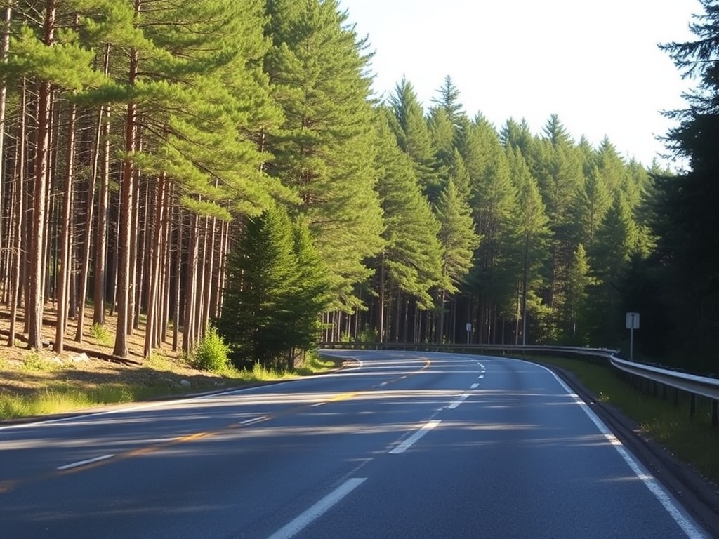 Laurentian forest road in Quebec during midday with sunlight and no traffic, peaceful atmosphere