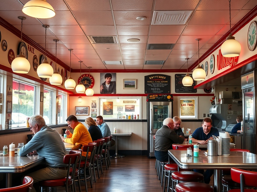 local Mont-Laurier diner interior with regulars sitting at counter, casual authentic atmosphere
