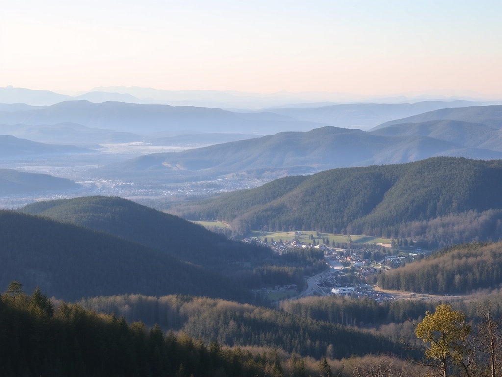 panoramic view of Mont-Laurier with forests and small town under soft light, calm expansive feeling