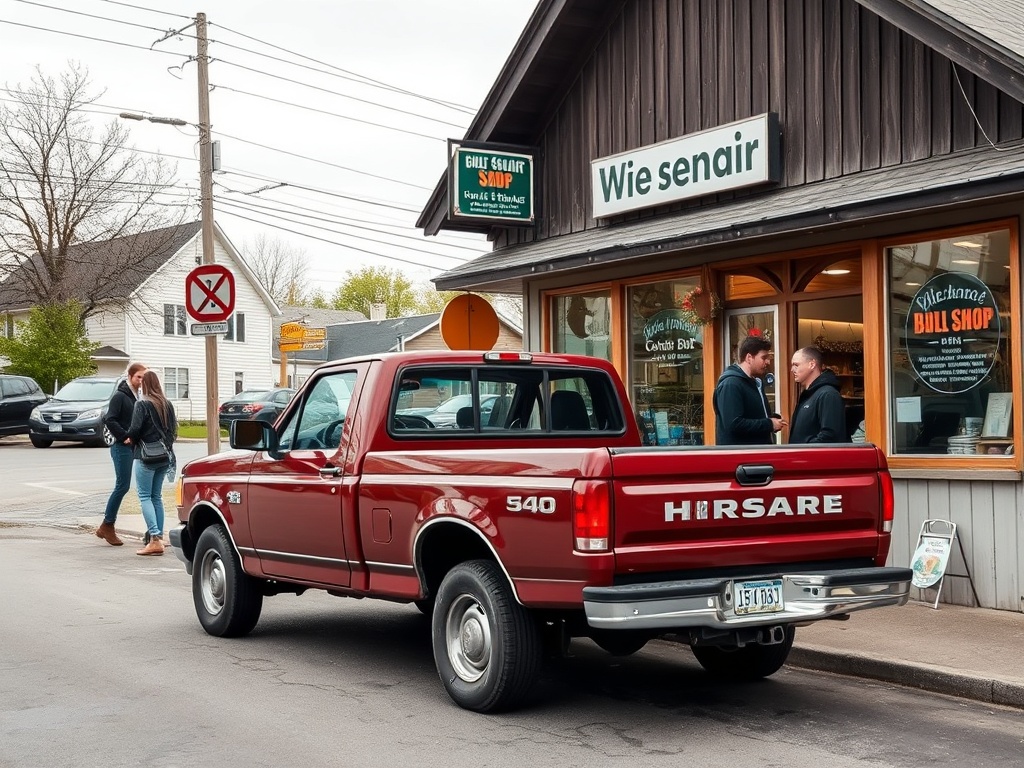 pickup truck parked outside small local shop in Quebec with people chatting casually, everyday life moment