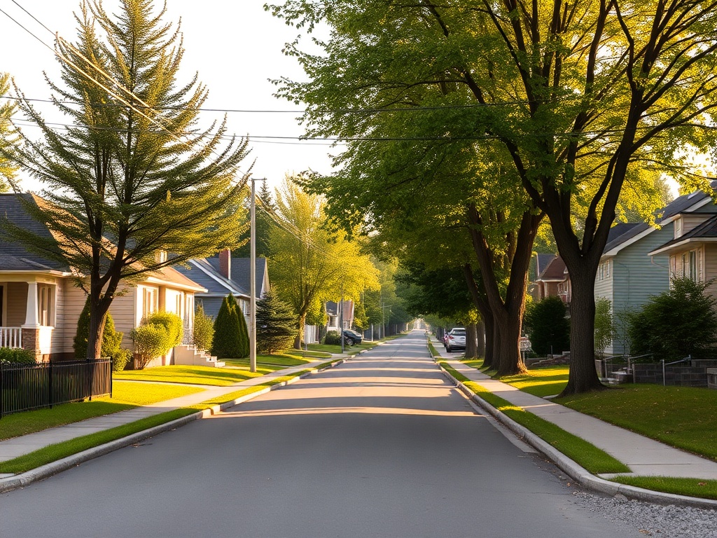 quiet residential street in Mont-Laurier Quebec with modest homes, trees, and soft morning light