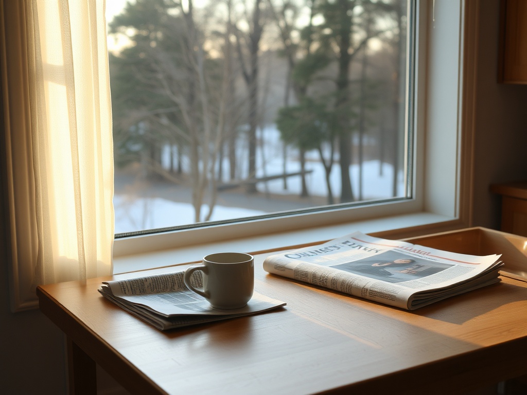 simple Quebec kitchen table with coffee mug, newspaper, and window view of trees in early morning