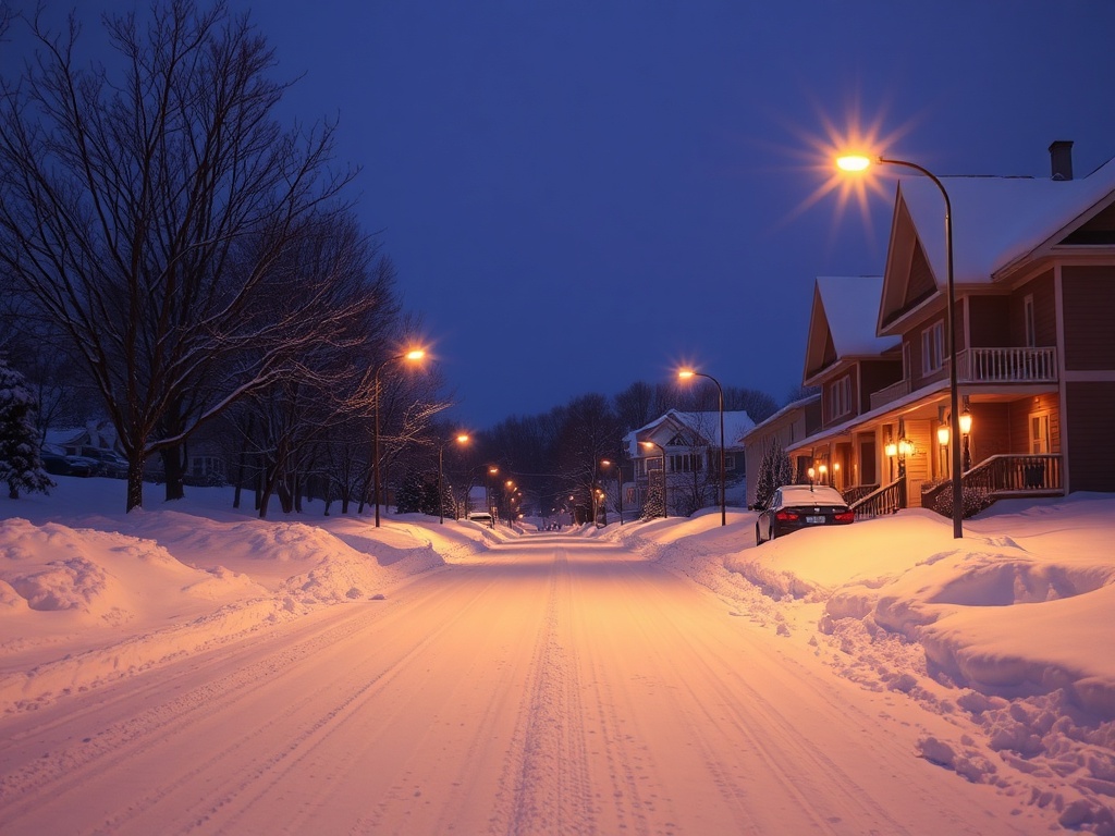 snow-covered street in Mont-Laurier during winter evening with warm house lights, calm and quiet