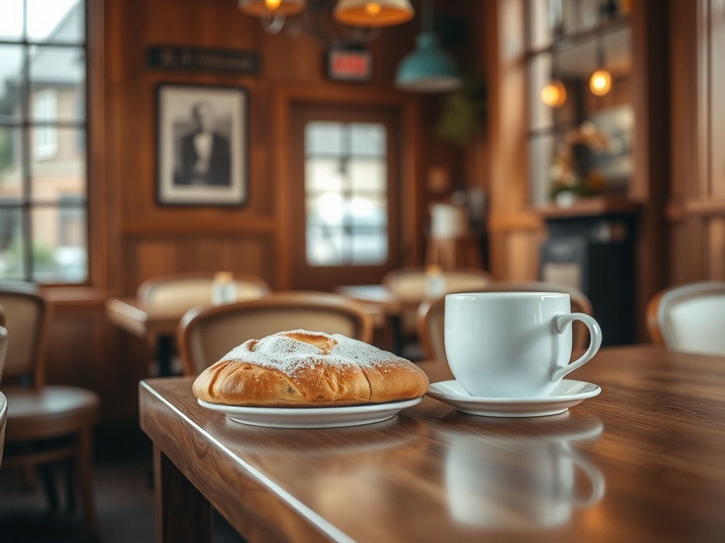 cozy Quebec cafe interior with coffee and pastry on wooden table, warm natural light