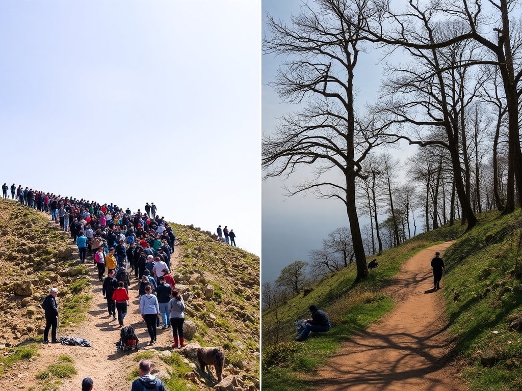 crowded hiking trail with people packed together, contrasted with quiet empty trail