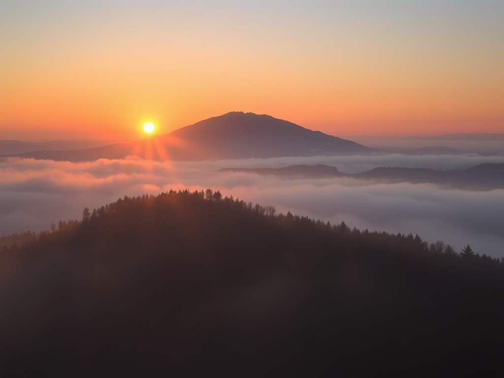 early morning Mont-Saint-Hilaire sunrise over mountain with soft mist and golden light, peaceful Quebec landscape