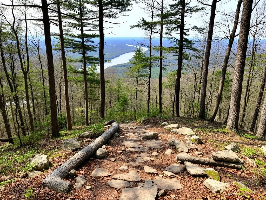 Mont-Saint-Hilaire hiking trail through forest with rocky path and scenic lookout over Richelieu River