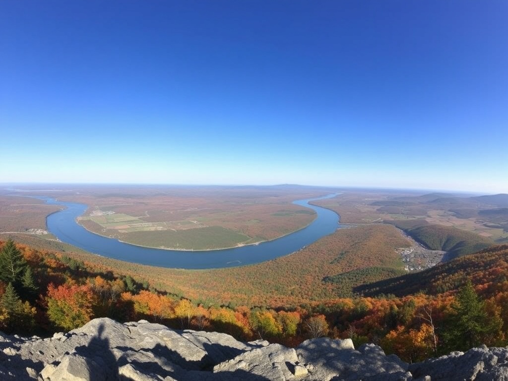 panoramic view from Mont-Saint-Hilaire summit overlooking river, autumn colors, wide Quebec landscape