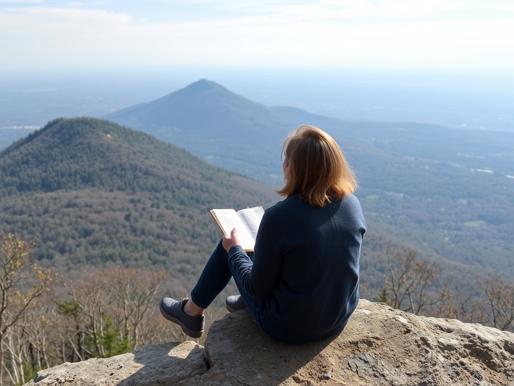 person sitting on viewpoint overlooking Mont-Saint-Hilaire journaling or relaxing, calm reflective mood