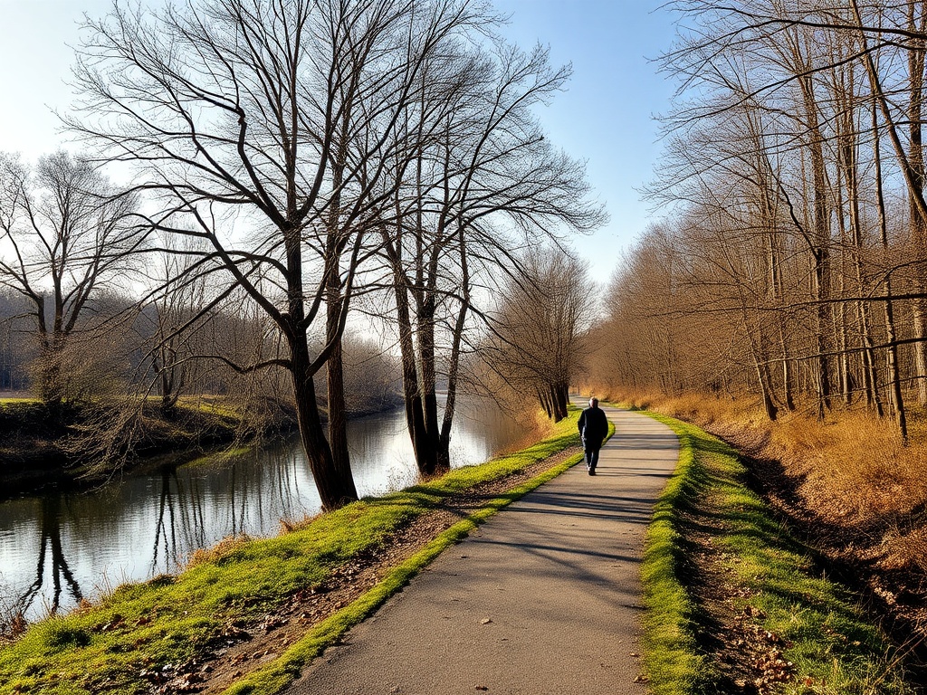 quiet riverside path near Mont-Saint-Hilaire with trees and reflections, calm afternoon atmosphere
