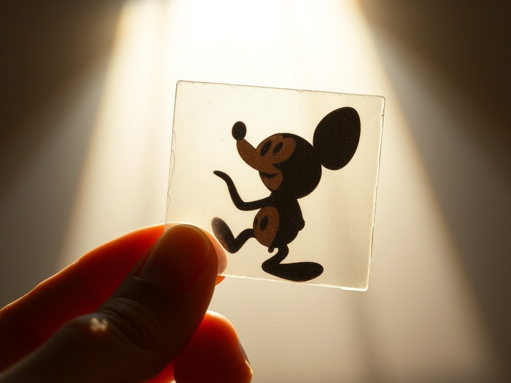 close-up of a hand holding a classic Disney animation cel against light, showing painted character details and layered transparency
