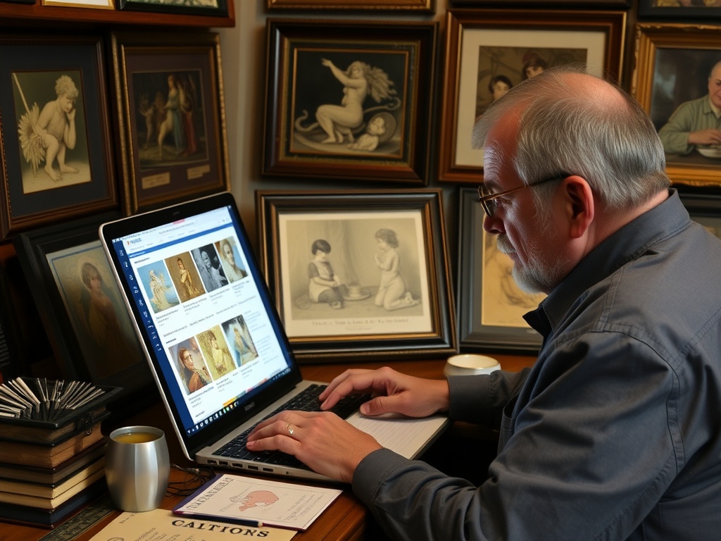 collector comparing prices of animation cels across auction listings with laptop and notes