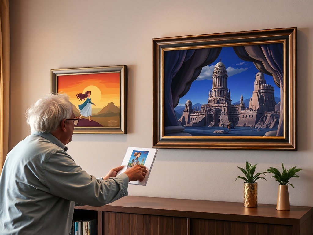 collector swapping a lower-quality animation cel for a higher-value iconic scene piece on a display wall