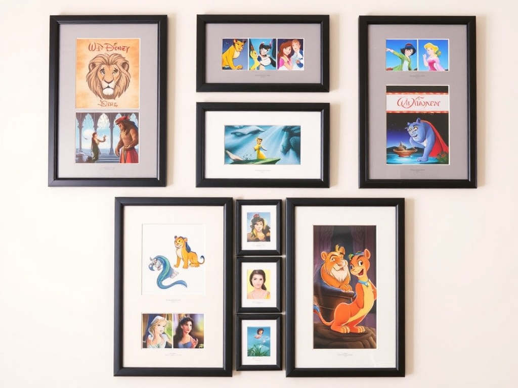collector wall display featuring framed Disney animation cels from different films like Lion King, Aladdin, and Beauty and the Beast