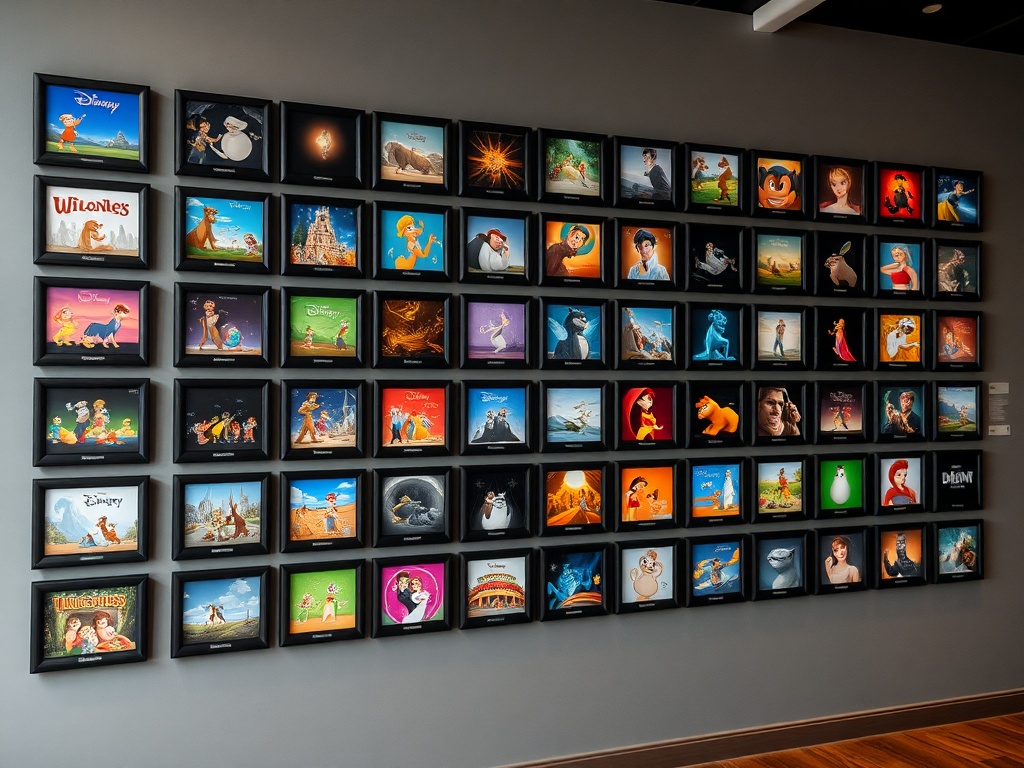 curated wall of framed animation cels arranged by film timeline creating a storytelling display