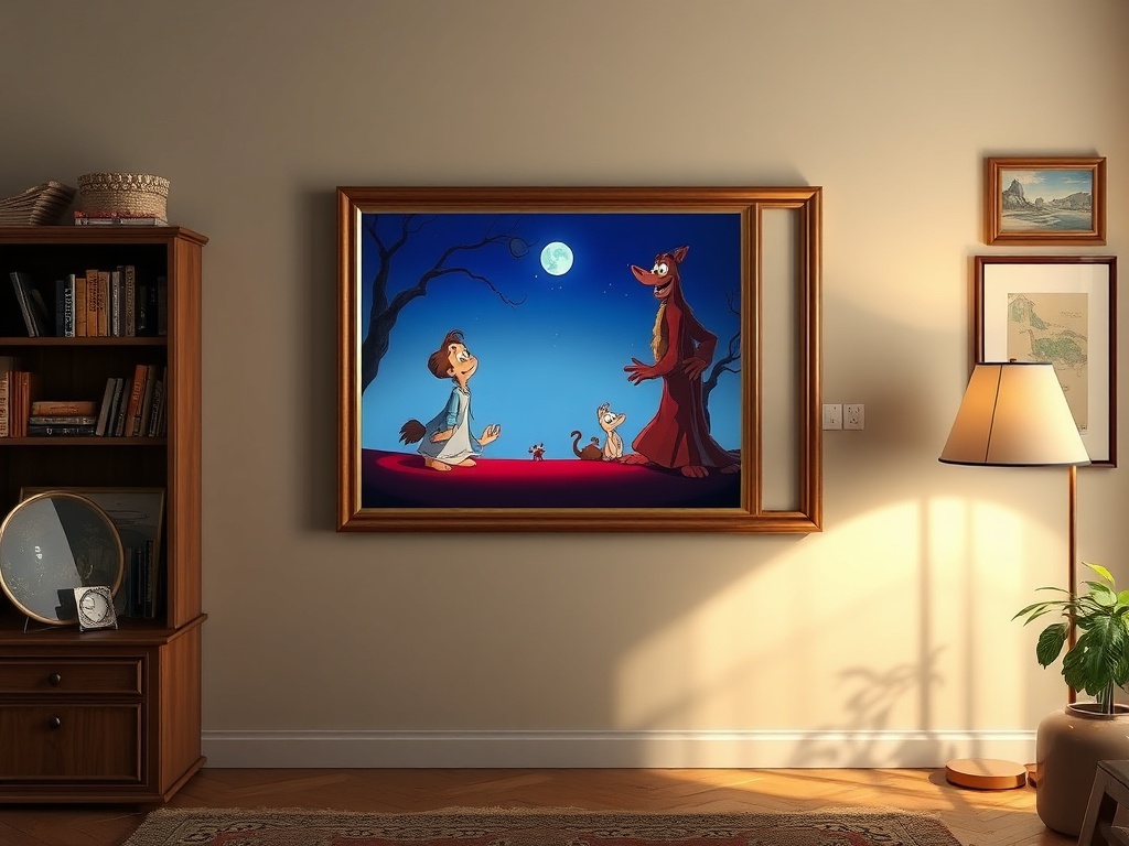 framed animation cel displayed in UV-protected glass with soft lighting in a collector's room