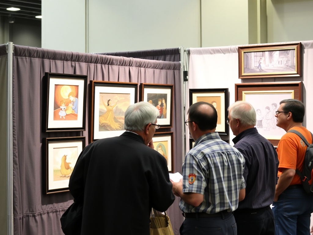 small group of collectors discussing animation cels at a convention booth with framed artwork displayed