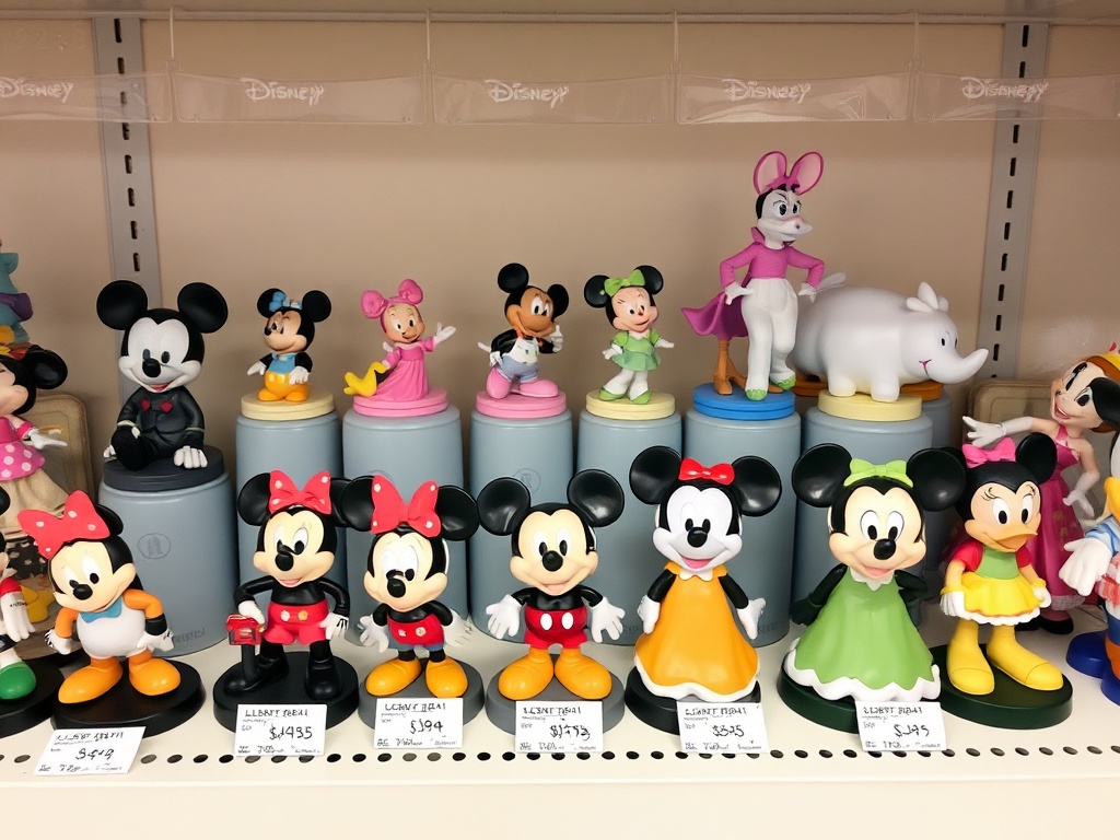A collection of Disney figurines and dolls neatly arranged on a shelf with price tags next to each item.