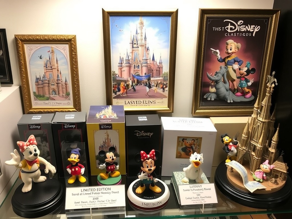 A collection of limited edition Disney items including rare figurines and posters on display with price tags showing their value.