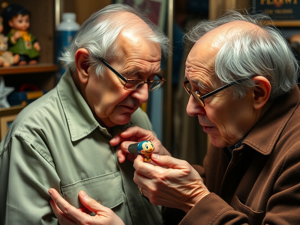 A collector inspecting a rare Disney item, checking for authenticity and condition under good lighting.