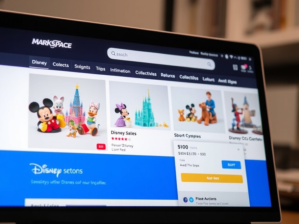 A laptop screen showing an online marketplace with Disney collectibles for sale, with an option to place a bid in an auction.