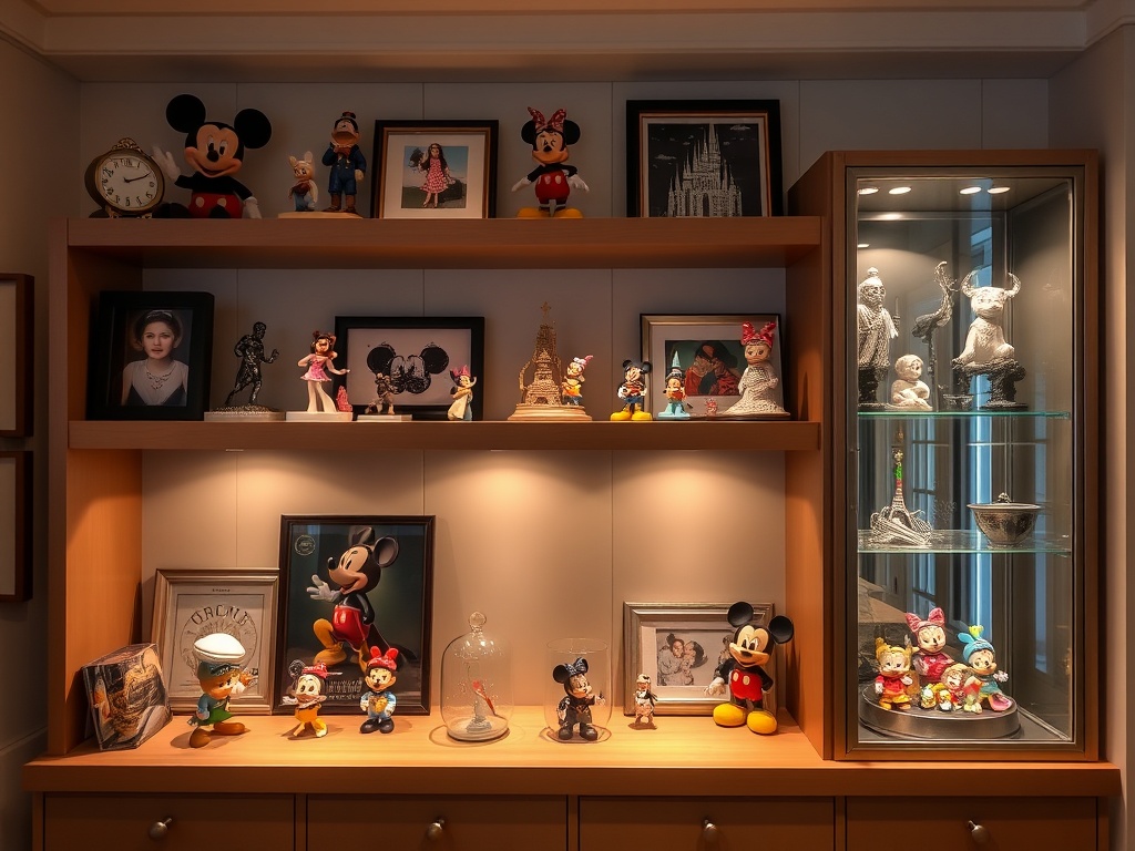 A shelf displaying a curated collection of Disney memorabilia, with soft lighting and a glass cabinet showcasing rare pieces.