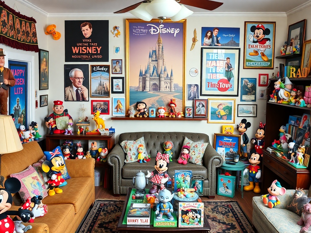 A vibrant collection of Disney and pop culture memorabilia including figurines, posters, and limited edition items displayed in a cozy living room setting with vintage-style furniture.