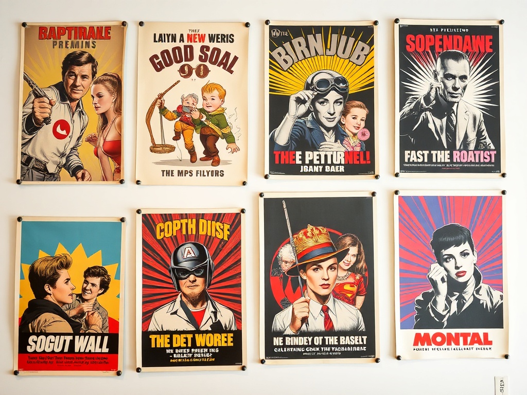 Vintage pop culture posters on wall