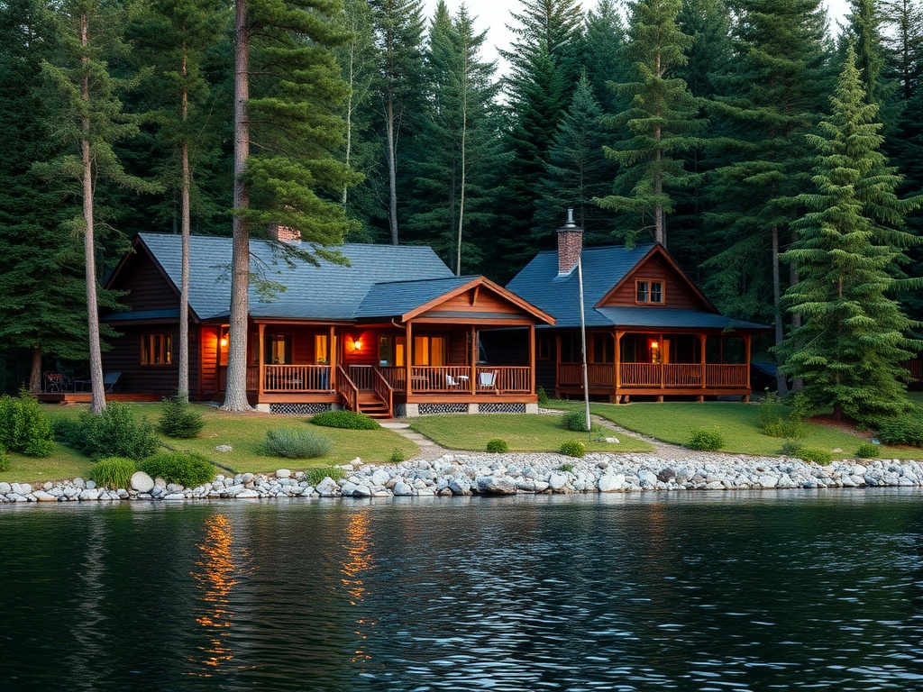 Charming Muskoka lakeside cabins surrounded by dense forest