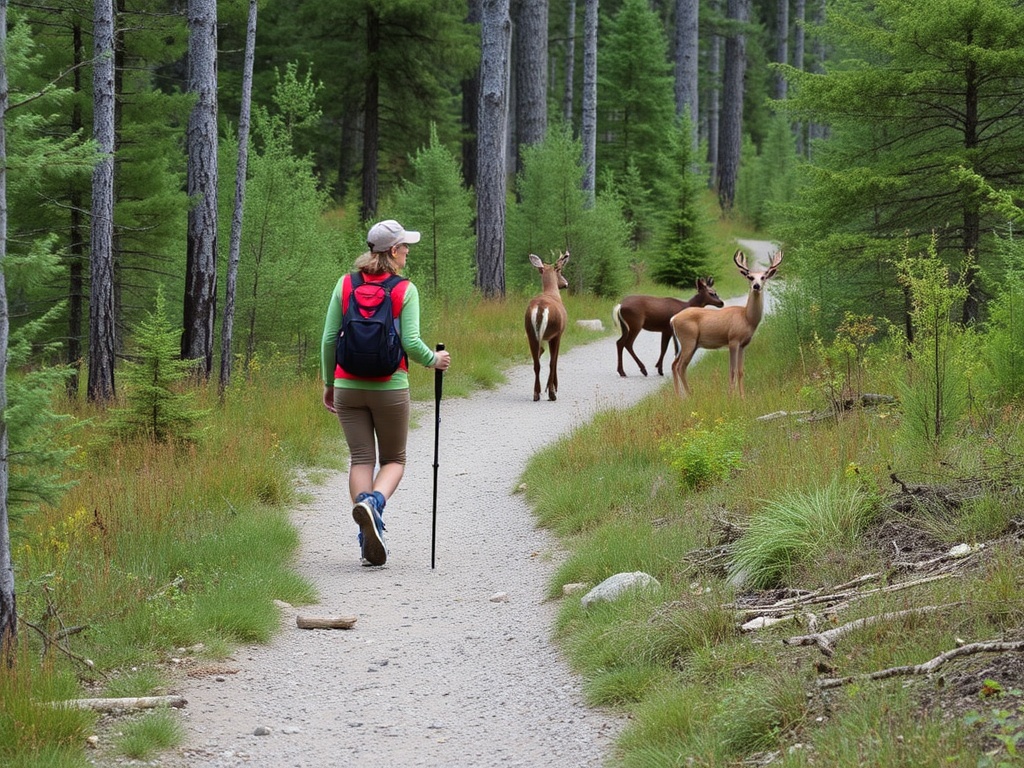 Hiker on a marked trail with wildlife in Muskoka