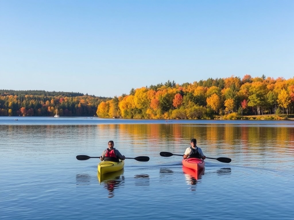 Kayakers on a calm Muskoka lake surrounded by autumn trees