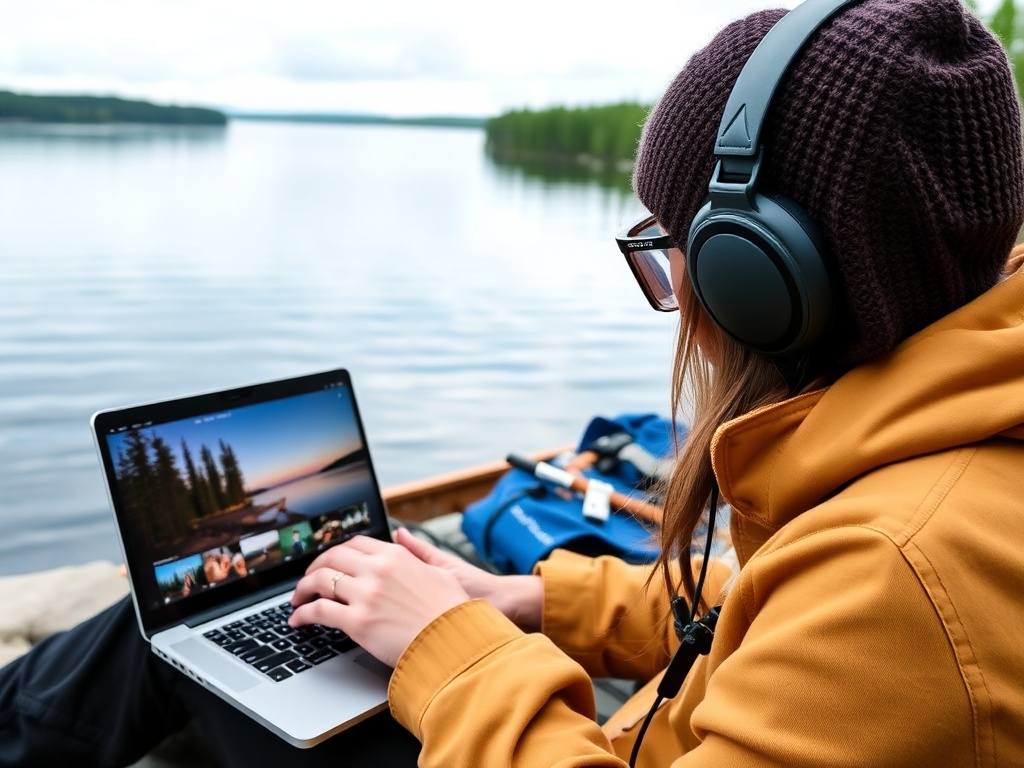 Traveler sharing photos of Muskoka adventure on a laptop