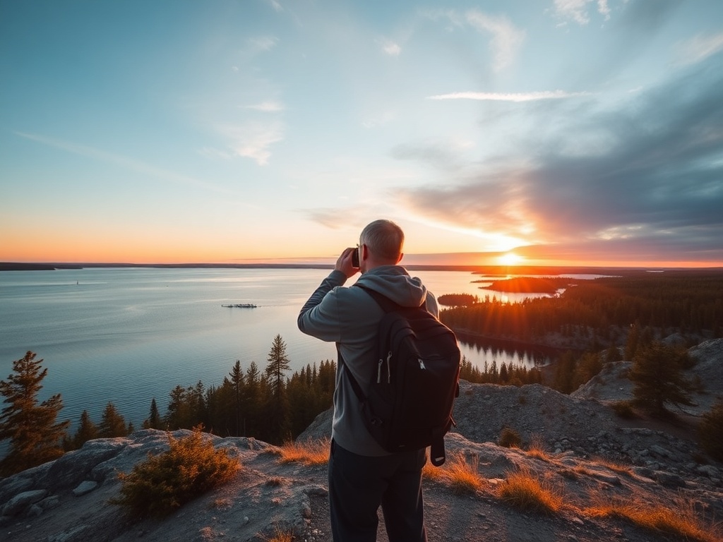 Traveler taking photos of Muskoka landscape at golden hour