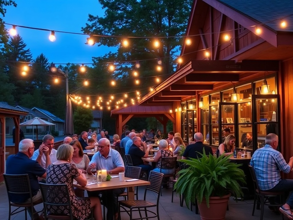 busy Muskoka restaurant patio in summer with people dining outdoors under string lights and trees