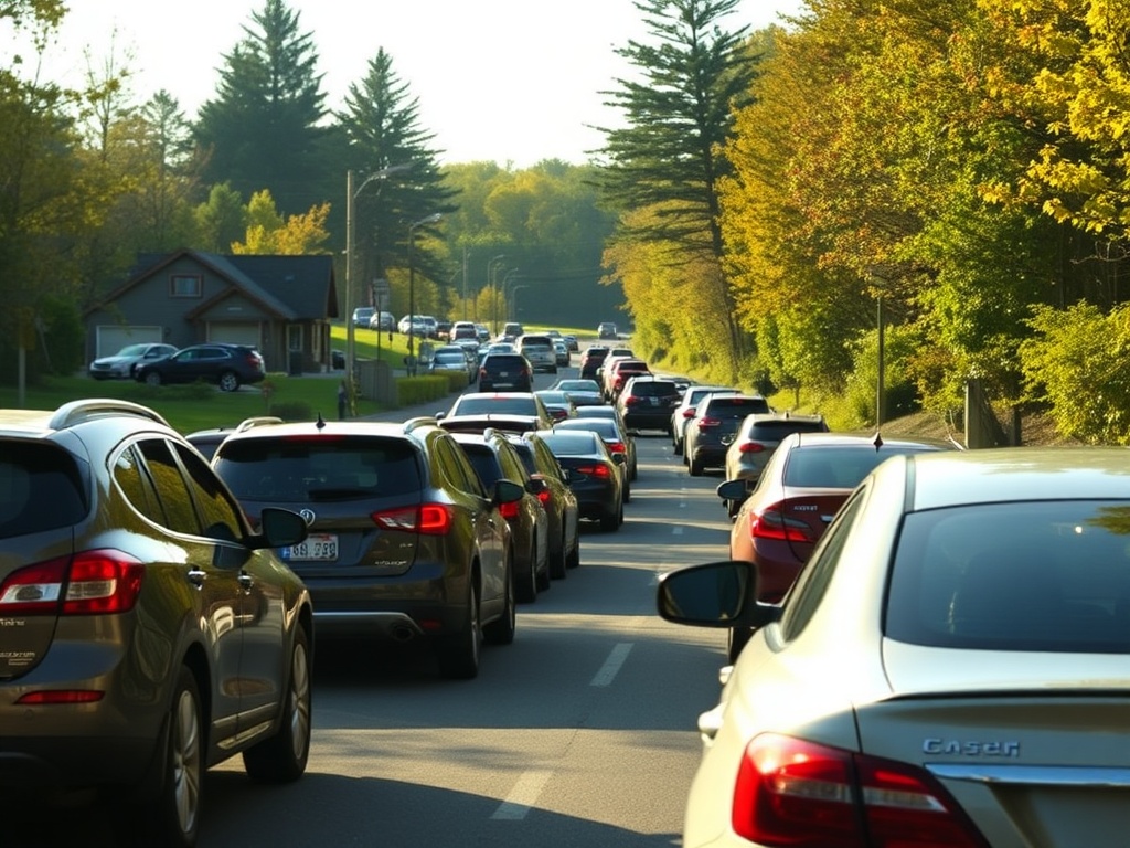 cars leaving cottage country on Sunday afternoon with long traffic line and warm sunlight
