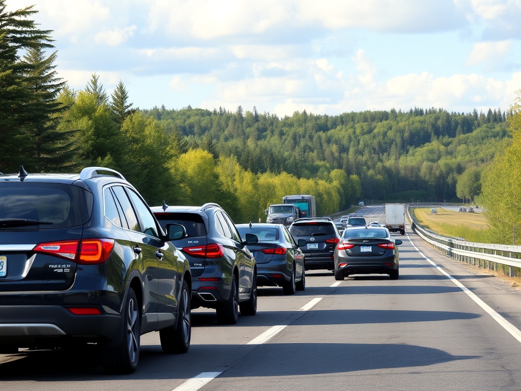 cars lined up on a highway entering cottage country on a summer Friday afternoon with heavy traffic
