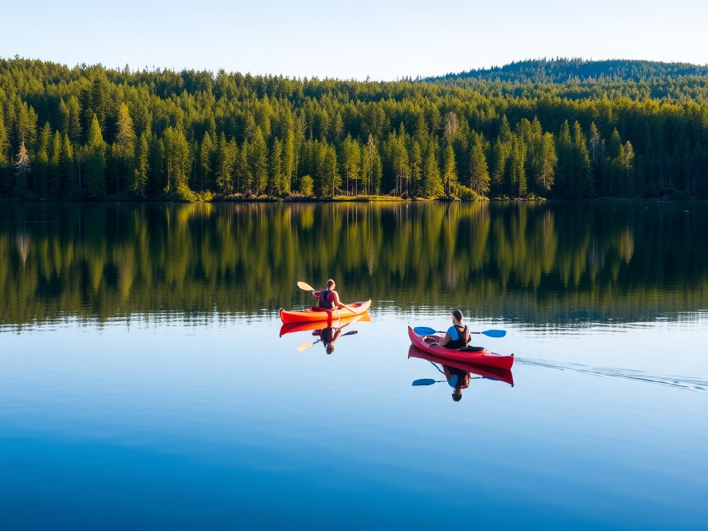 people kayaking on a calm Muskoka lake surrounded by forest with clear reflections in water