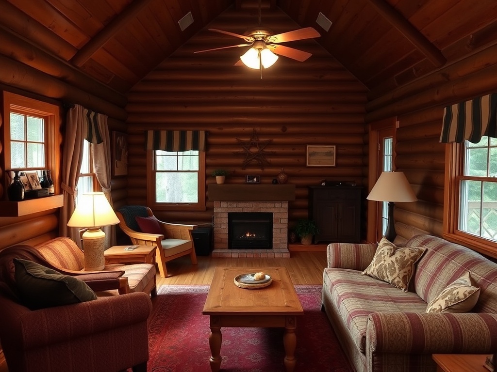 rustic Muskoka cottage interior with simple furniture wood walls and cozy lighting