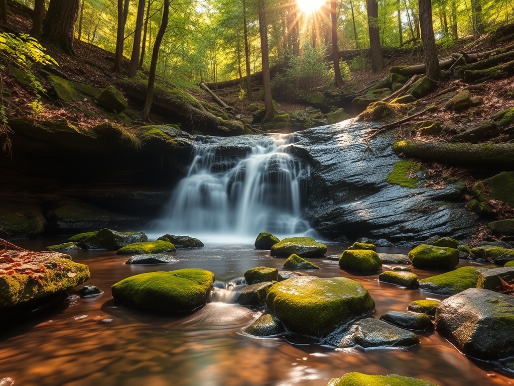small hidden waterfall in Muskoka forest with mossy rocks and sunlight filtering through trees