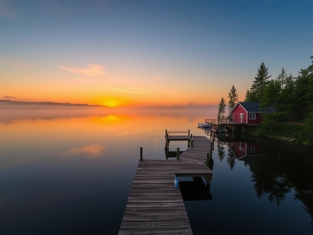 sunrise over a quiet Muskoka lake with mist, classic wooden dock and red cottage surrounded by pine trees