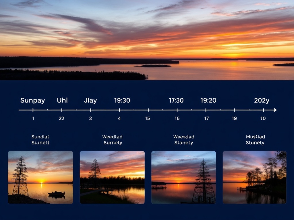 timeline style weekend plan with lake sunrise brunch and sunset icons over Muskoka scenery