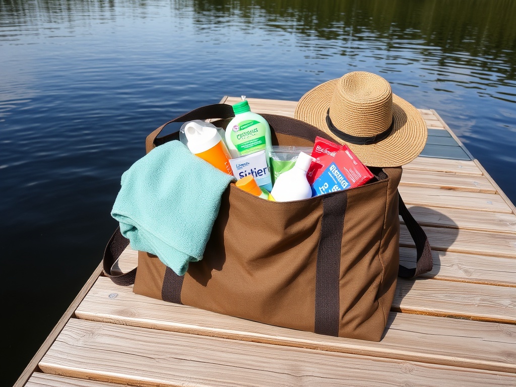 weekend bag packed with towels sunscreen snacks and lake gear sitting on a wooden dock