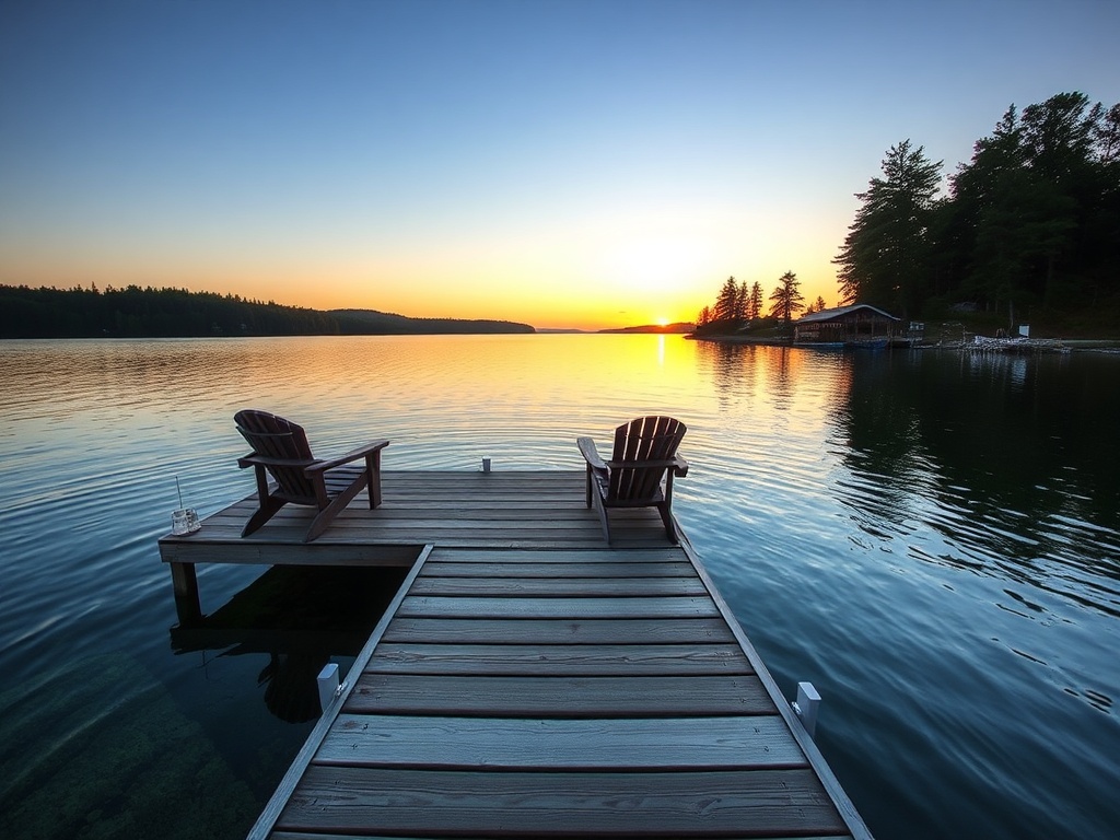 wooden dock extending into clear Muskoka lake with Adirondack chairs and calm water at sunset
