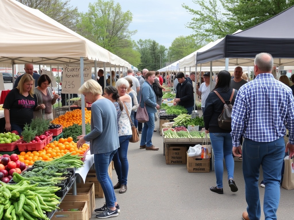 busy farmers market in Napanee with vendors and shoppers exploring the booths