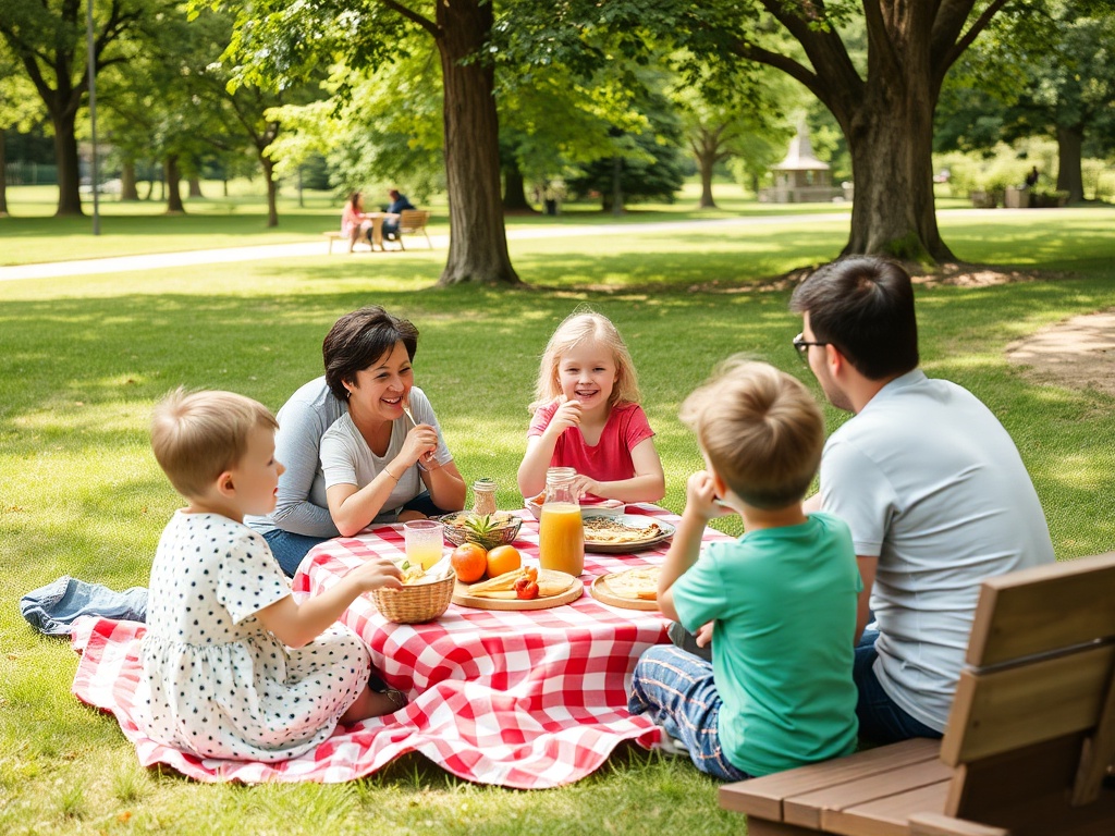 family enjoying a picnic in a Napanee park with kids and parents having fun