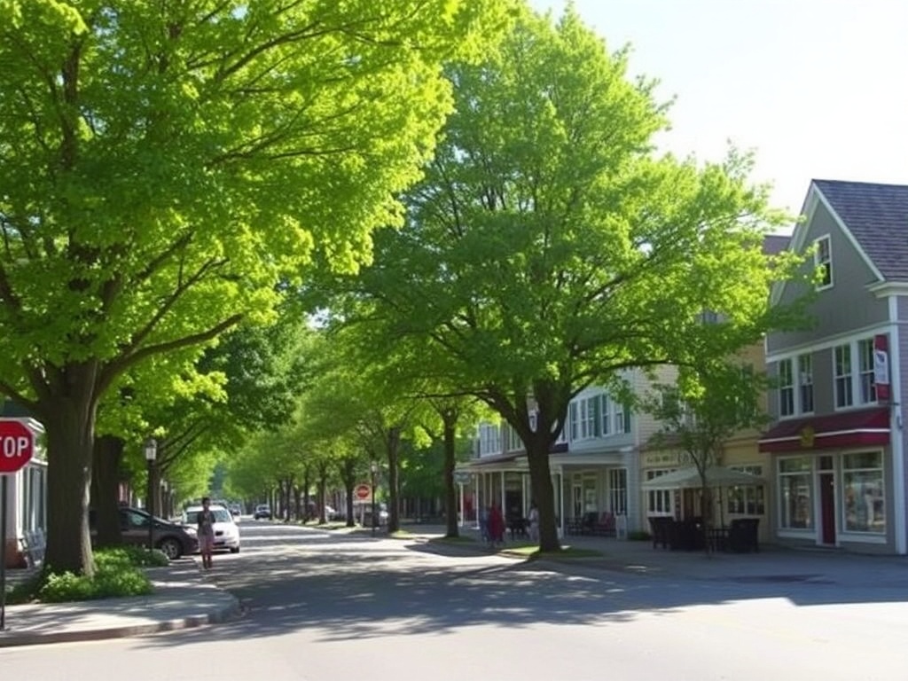 sunny street view of Napanee, with trees and charming buildings in the background