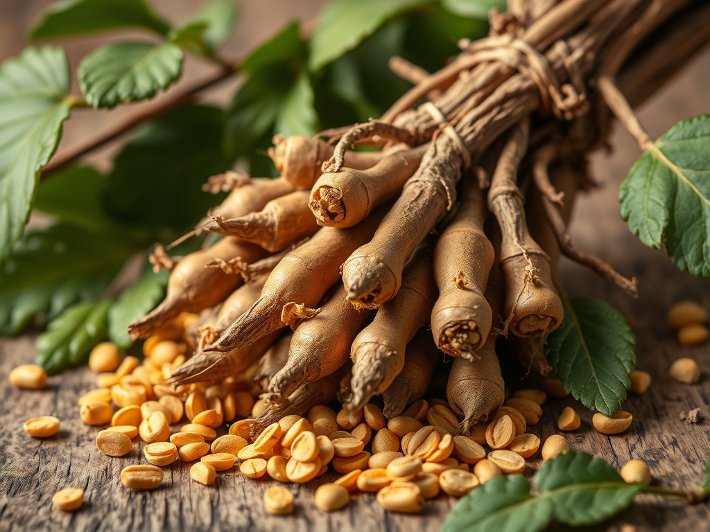 vivid description of ashwagandha roots in a herbal setting