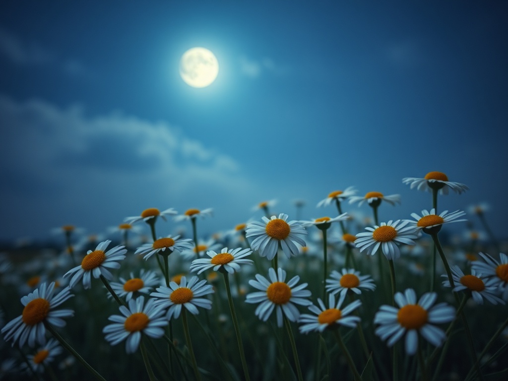vivid description of chamomile flowers under a serene moonlit sky