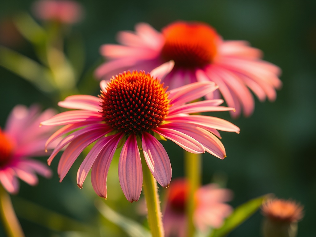 vivid description of echinacea flowers in bloom with a healing aura